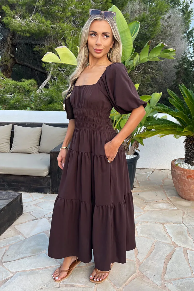 Chocolate Puff Sleeve Shirred Waist Smock Midi Dress sold by AX Paris product image thumbnail 3