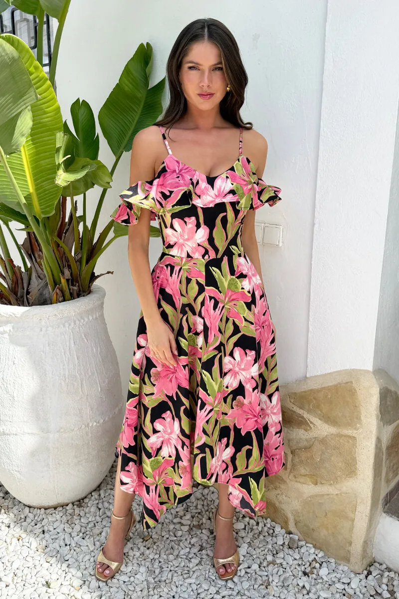 Pink Tropical Flower Print Cold Shoulder Zig Zag Hem Midi Dress sold by AX Paris