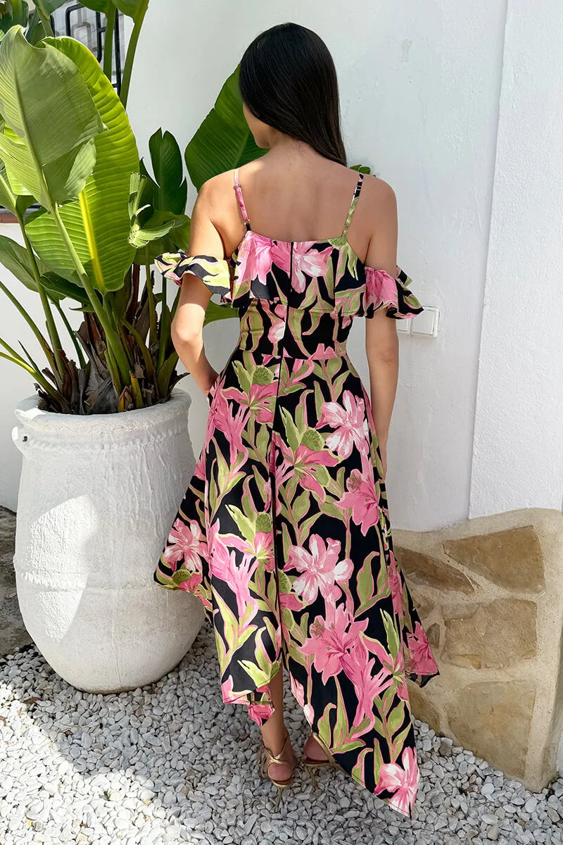 Pink Tropical Flower Print Cold Shoulder Zig Zag Hem Midi Dress sold by AX Paris product image thumbnail 5