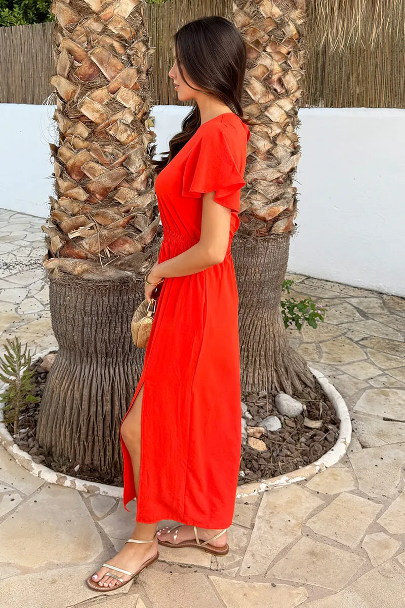 Burnt Orange Flutter Sleeve Shirred Waist Midi Dress sold by AX Paris product image thumbnail 4