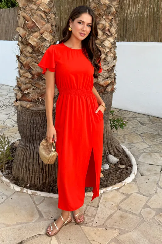 Burnt Orange Flutter Sleeve Shirred Waist Midi Dress sold by AX Paris