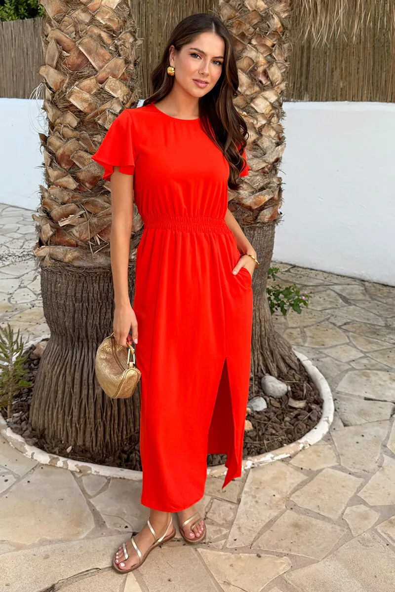 Burnt Orange Flutter Sleeve Shirred Waist Midi Dress sold by AX Paris