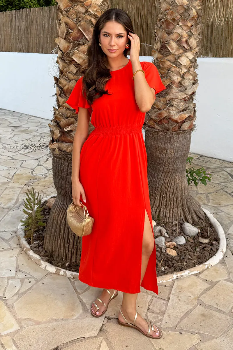 Burnt Orange Flutter Sleeve Shirred Waist Midi Dress sold by AX Paris product image thumbnail 2