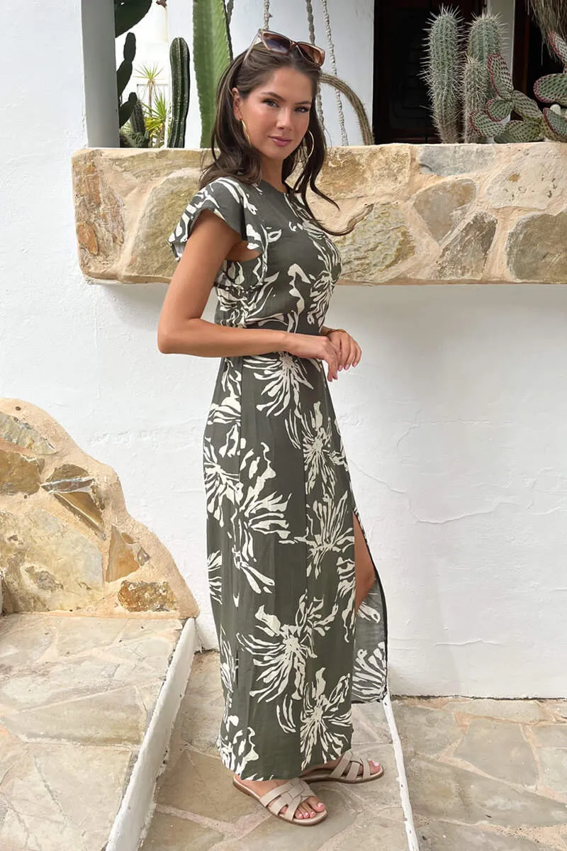 Khaki Abstract Floral Print Flutter Sleeve Midi Dress sold by AX Paris product image thumbnail 4
