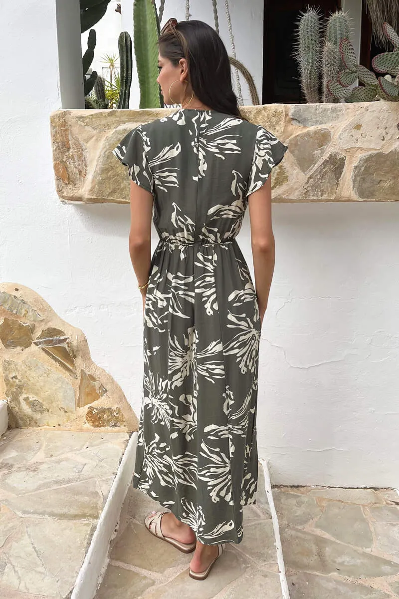 Khaki Abstract Floral Print Flutter Sleeve Midi Dress sold by AX Paris product image thumbnail 5