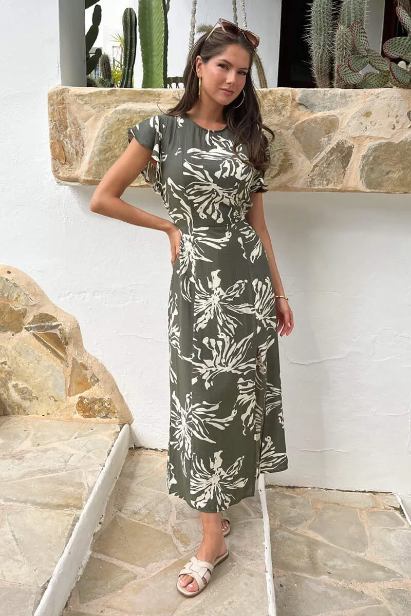 Khaki Abstract Floral Print Flutter Sleeve Midi Dress sold by AX Paris product image thumbnail 2