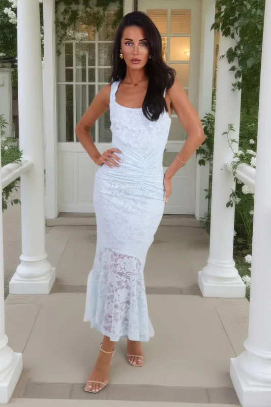 Ice Blue Lace Ruched Detail Fishtail Midi Dress sold by AX Paris