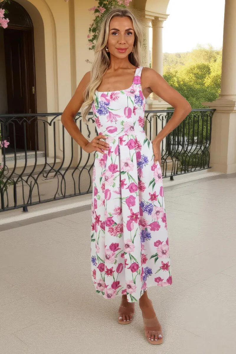 Pink Floral Print Square Neck A-line Midi Dress sold by AX Paris product image thumbnail 2