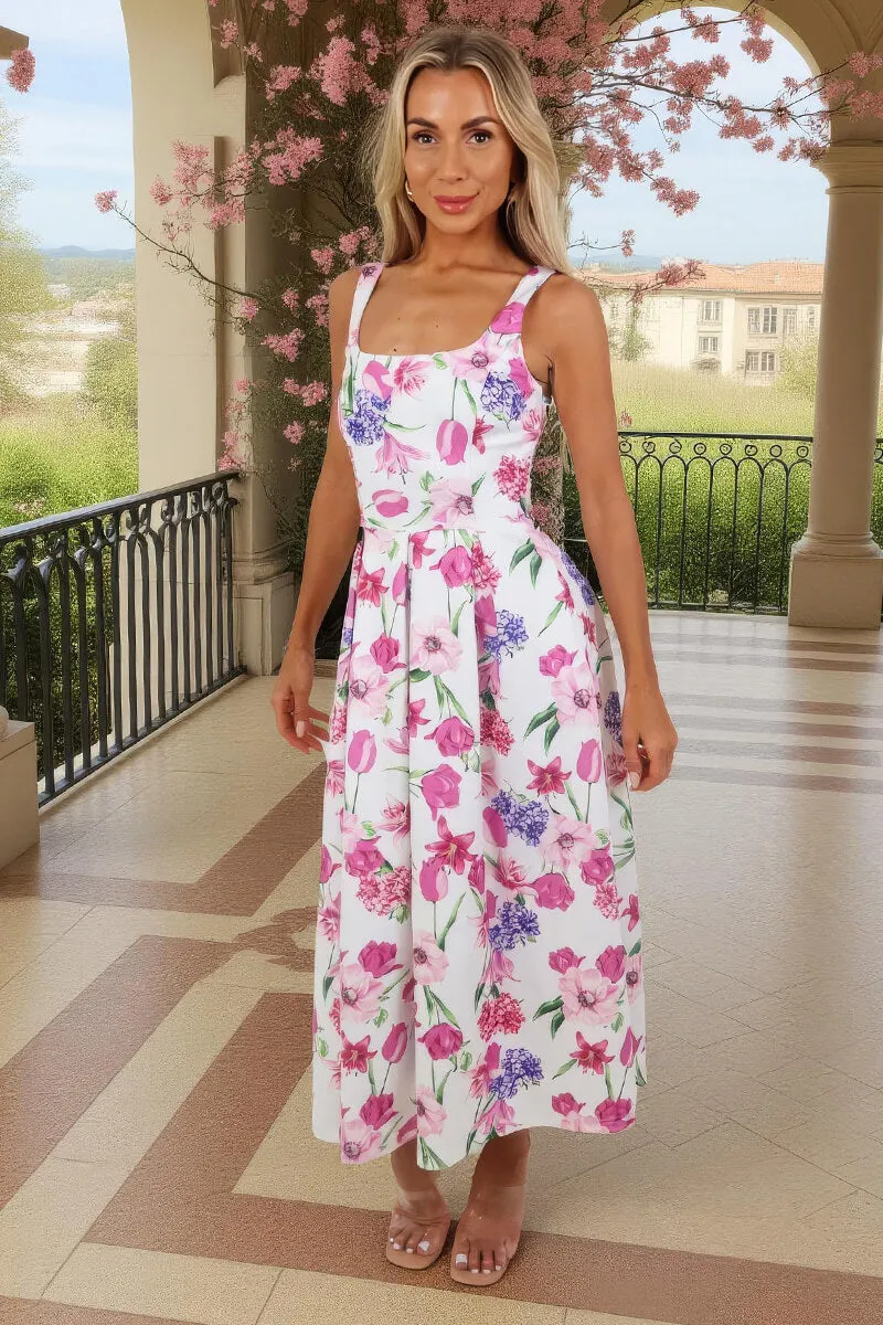 Pink Floral Print Square Neck A-line Midi Dress sold by AX Paris product image thumbnail 3