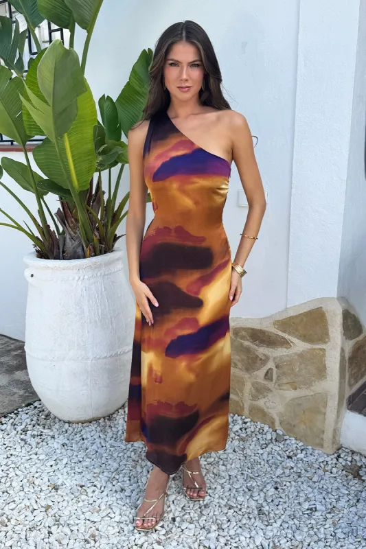 Multi Smudge Print One Shoulder Twist Back Midi Dress sold by AX Paris