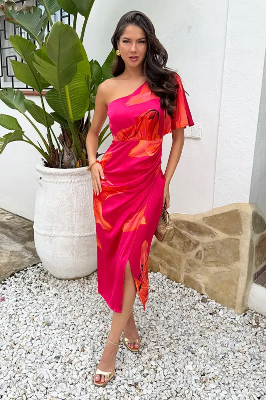 Pink And Orange Floral Print One Sleeve Wrap Midi Dress sold by AX Paris