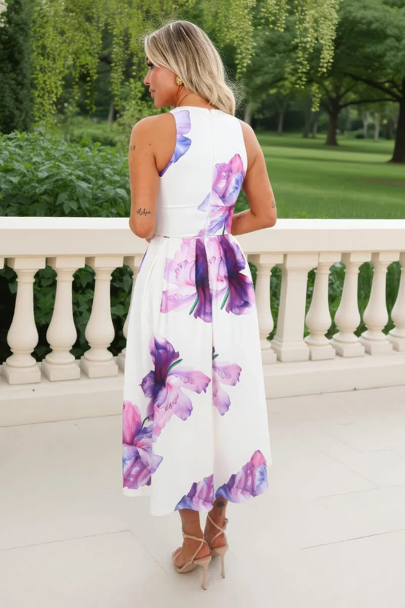 Lilac And Cream Floral Print Racer Neck Pleated Midi Dress sold by AX Paris product image thumbnail 5