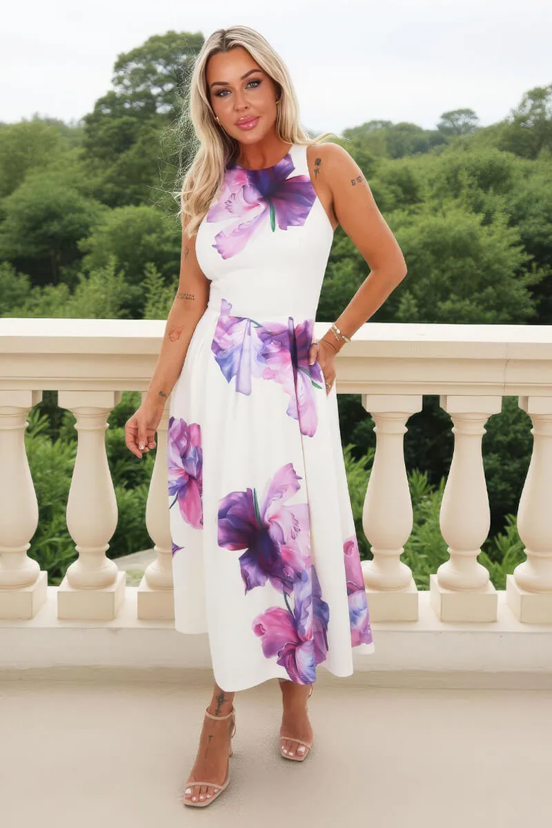 Lilac And Cream Floral Print Racer Neck Pleated Midi Dress sold by AX Paris product image thumbnail 2