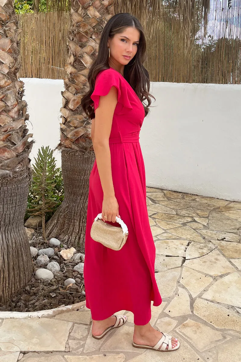Magenta Flutter Sleeve Belted Wrap Midi Dress sold by AX Paris product image thumbnail 4