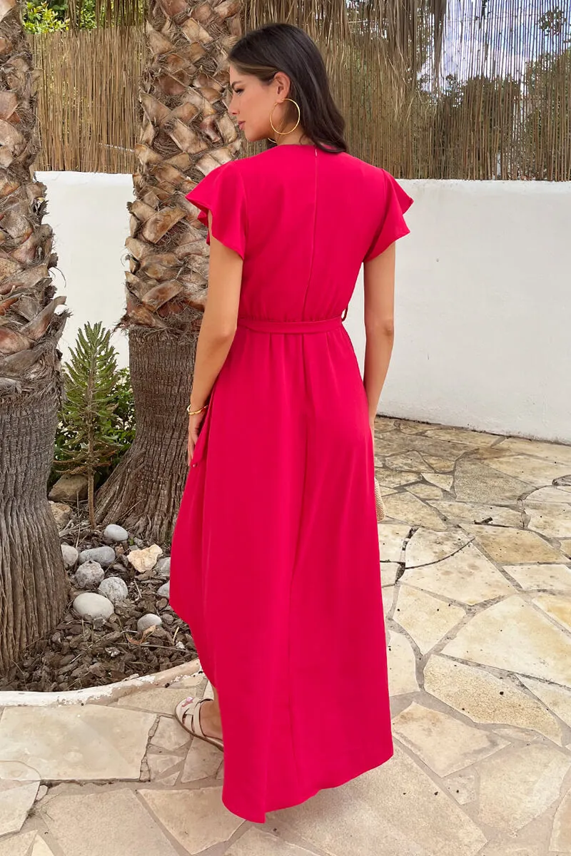 Magenta Flutter Sleeve Belted Wrap Midi Dress sold by AX Paris product image thumbnail 5