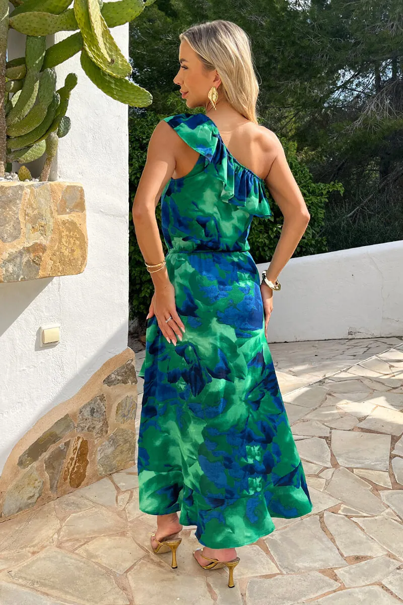 Green And Blue Abstract Print One Shoulder Frill Midi Dress sold by AX Paris product image thumbnail 5