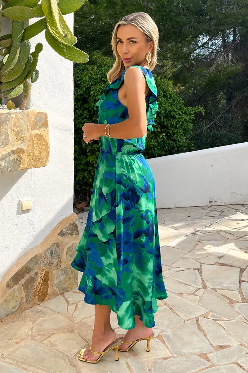 Green And Blue Abstract Print One Shoulder Frill Midi Dress sold by AX Paris product image thumbnail 4