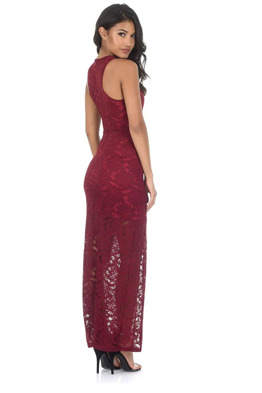 Wine Lace Maxi Dress With A Thigh High Split sold by AX Paris product image thumbnail 3