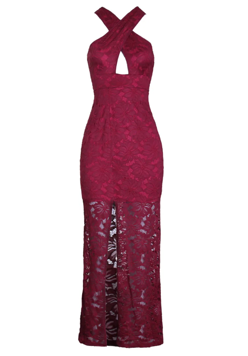 Wine Lace Maxi Dress With A Thigh High Split sold by AX Paris product image thumbnail 4