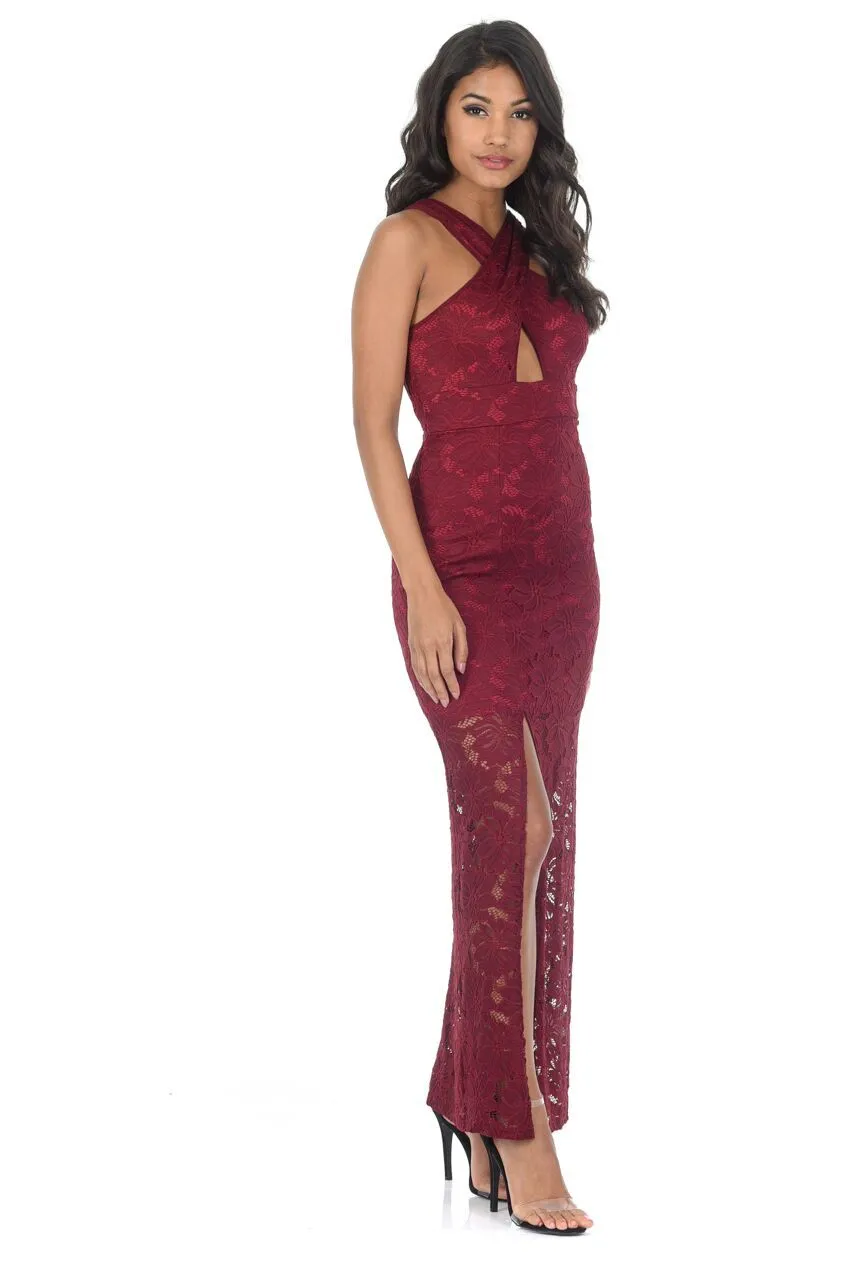 Wine Lace Maxi Dress With A Thigh High Split sold by AX Paris