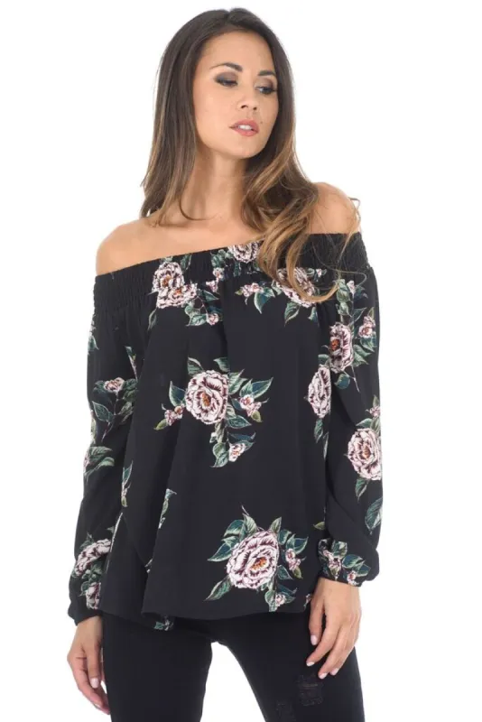 Black Off The Shoulder Floral Top sold by AX Paris
