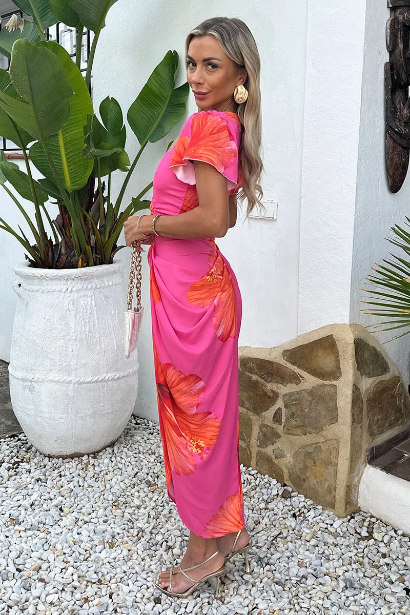 Pink And Orange Floral Print Flutter Sleeve Gathered Midi Dress sold by AX Paris product image thumbnail 4