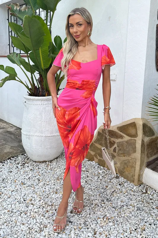 Pink And Orange Floral Print Flutter Sleeve Gathered Midi Dress sold by AX Paris