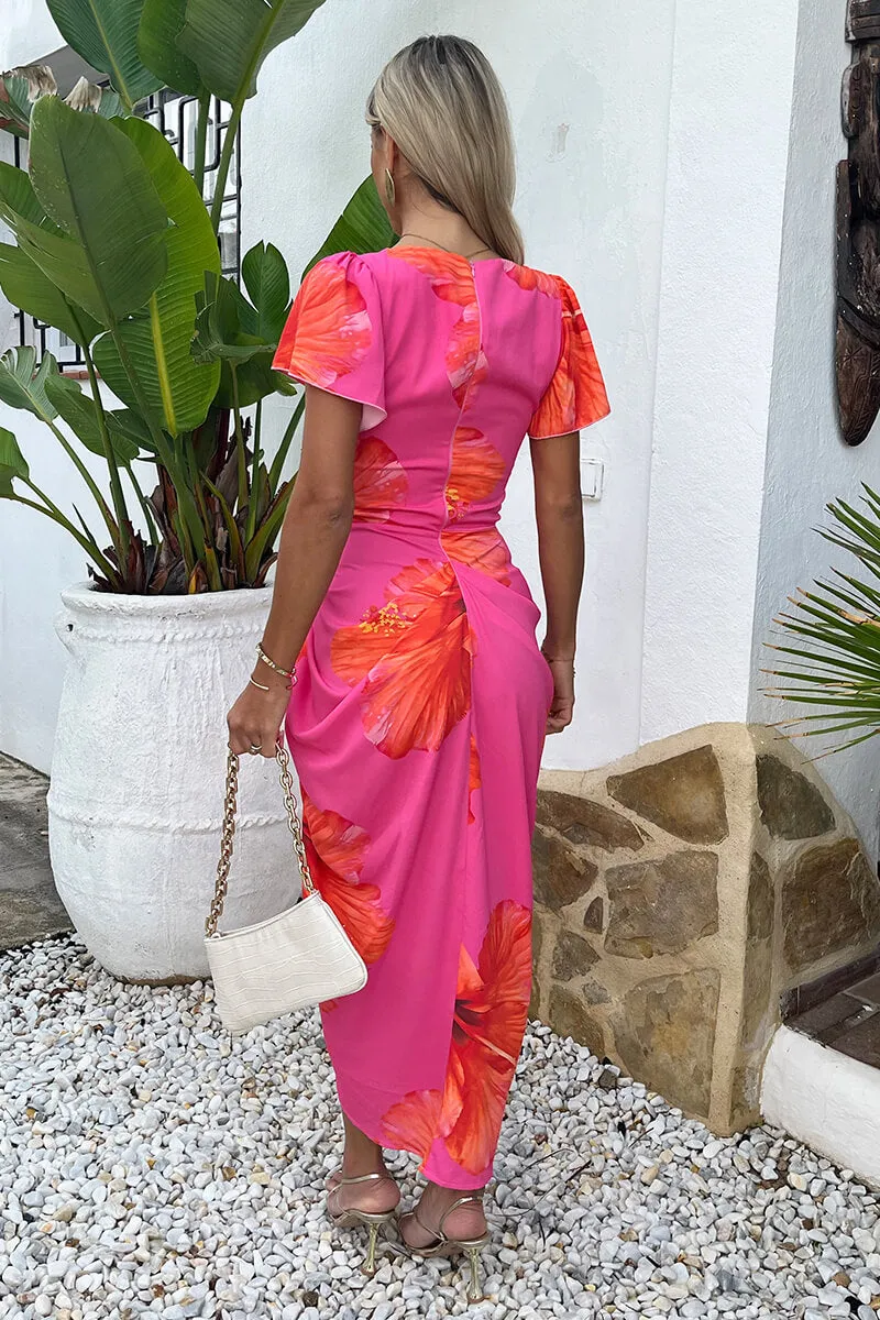 Pink And Orange Floral Print Flutter Sleeve Gathered Midi Dress sold by AX Paris product image thumbnail 5