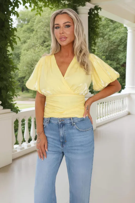 Yellow Puff Sleeve V-Neck Wrap Top made by AX Paris