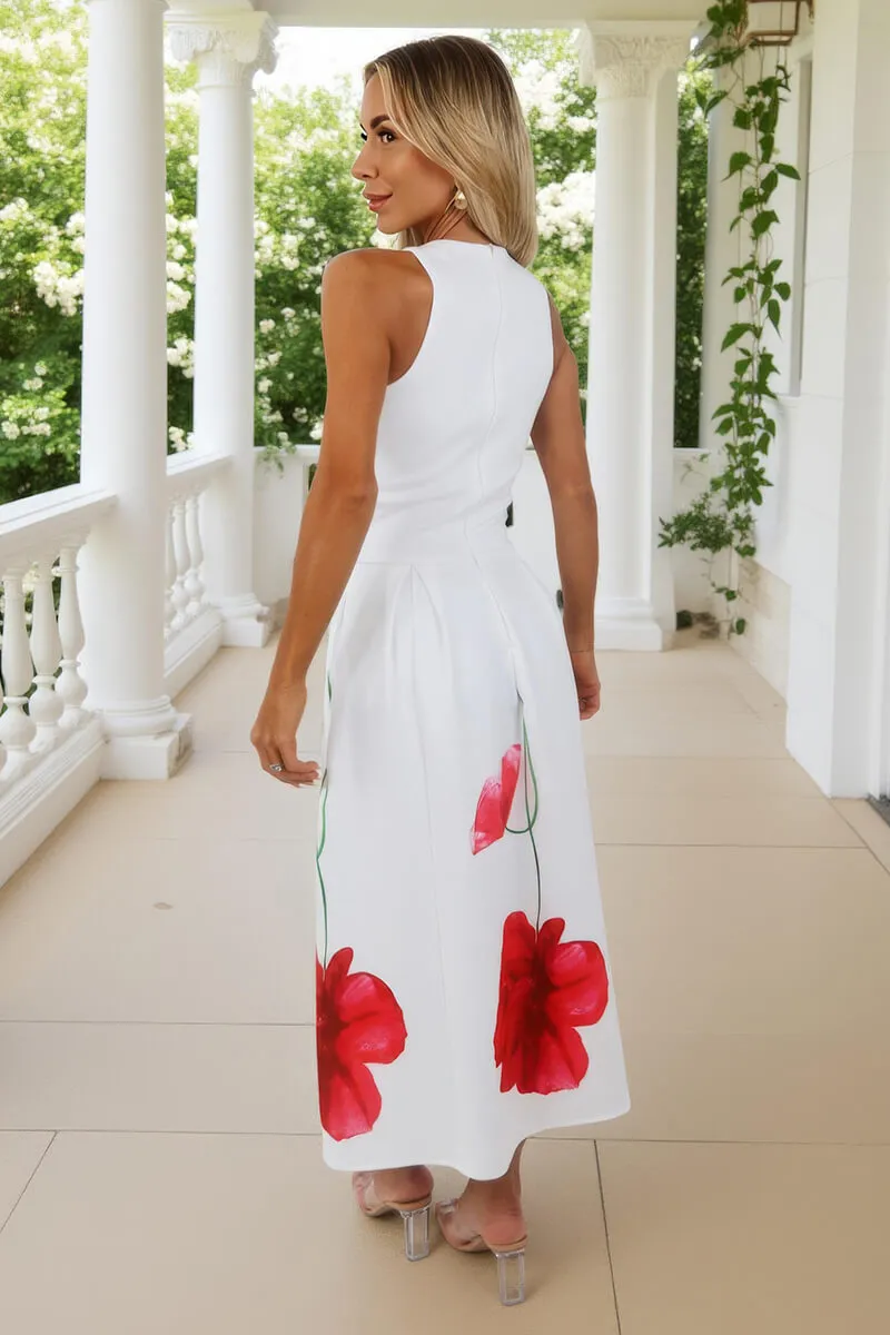 Cream Floral Printed Skirt Racer Neck A-Line Midi Dress sold by AX Paris product image thumbnail 5