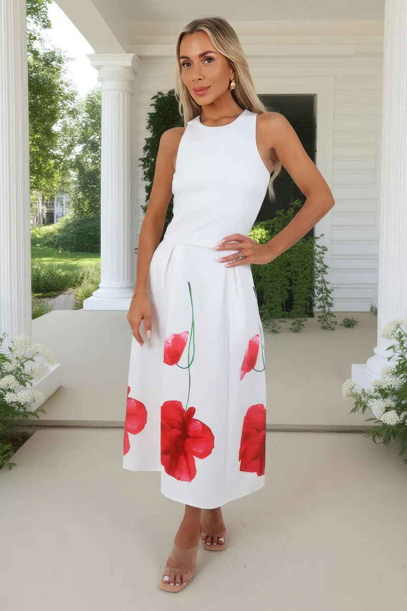 Cream Floral Printed Skirt Racer Neck A-Line Midi Dress sold by AX Paris product image thumbnail 2