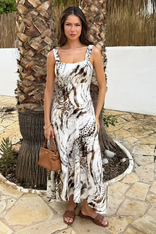 Multi Animal Print Shirred Straps Button Detail Midi Dress sold by AX Paris