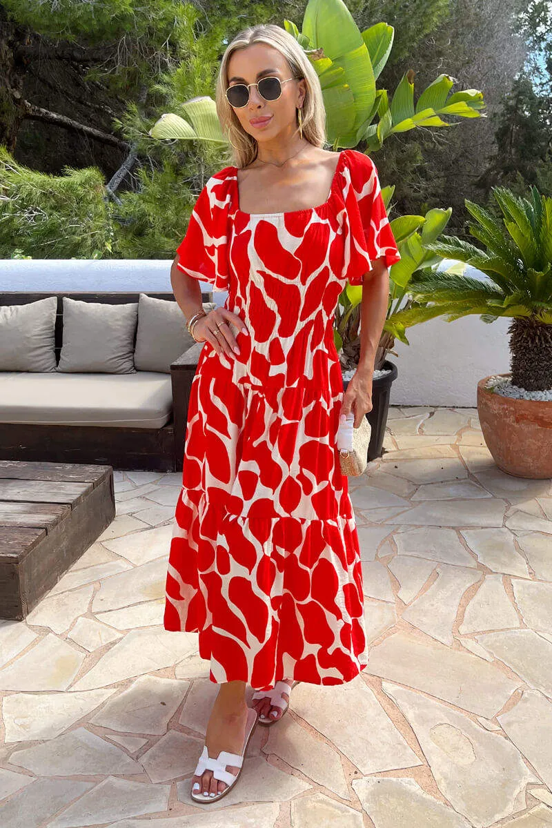 Red Abstract Print Shirred Waist Smock Midi Dress sold by AX Paris product image thumbnail 2