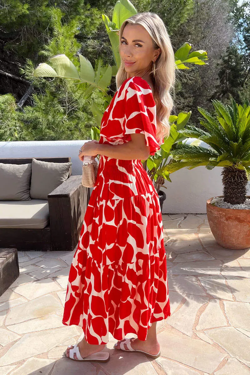 Red Abstract Print Shirred Waist Smock Midi Dress sold by AX Paris product image thumbnail 3