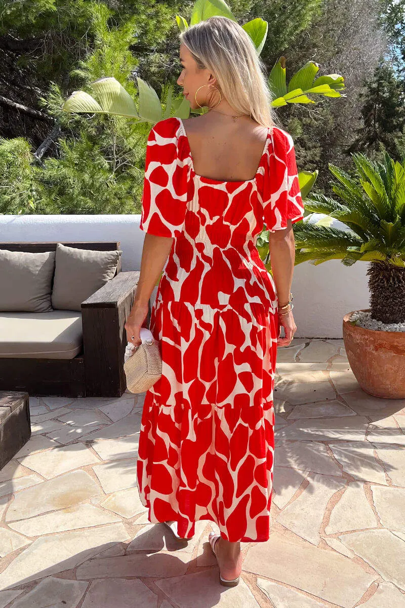 Red Abstract Print Shirred Waist Smock Midi Dress sold by AX Paris product image thumbnail 4