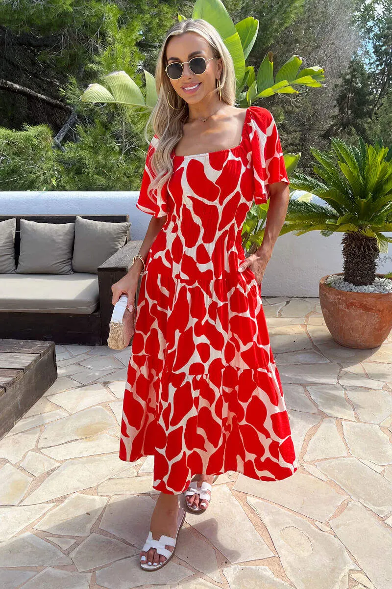 Red Abstract Print Shirred Waist Smock Midi Dress sold by AX Paris