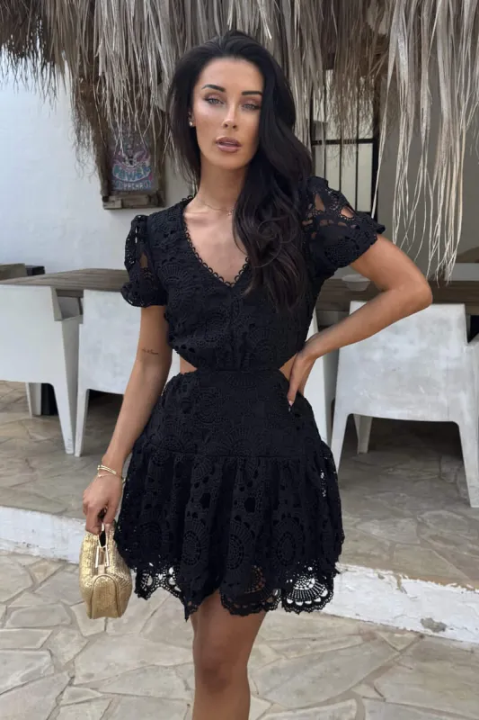 Black Crochet Overlay Cut Out Tiered Mini Dress made by AX Paris