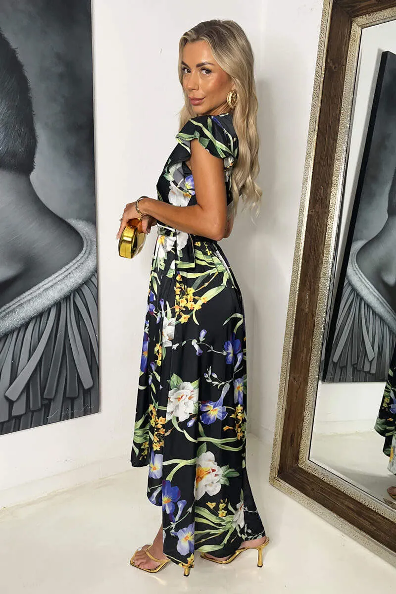 Black Floral Print Flutter Sleeve Belted Wrap Midi Dress sold by AX Paris product image thumbnail 2