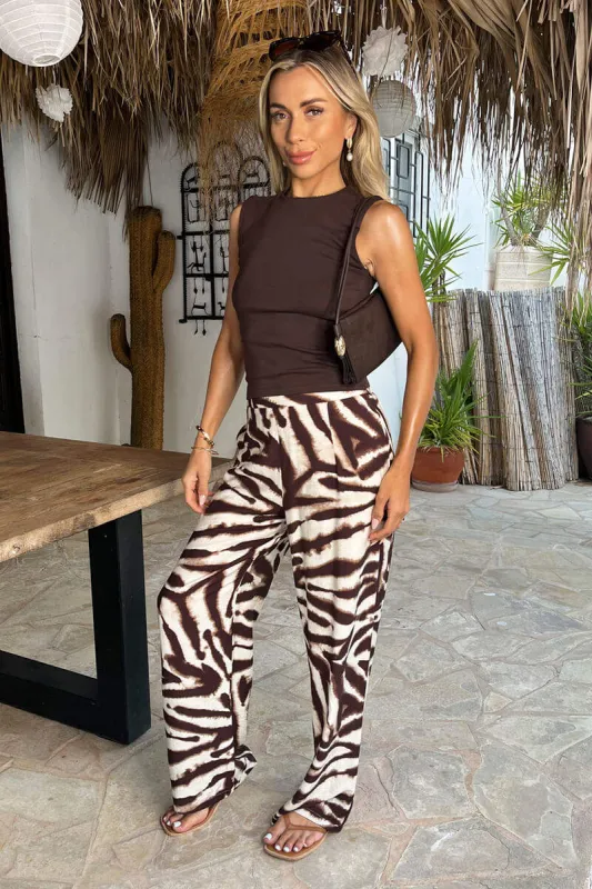 Brown Animal Print Wide Leg Trousers made by AX Paris