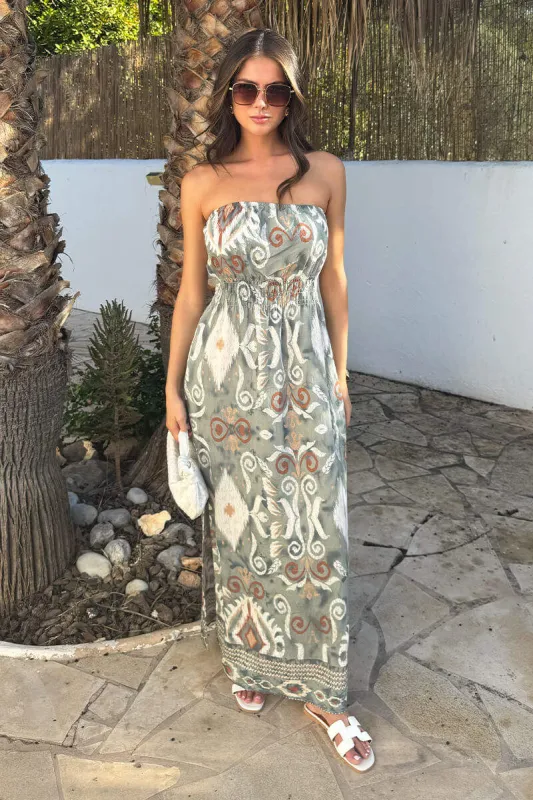 Multi Boho Print Strapless Shirred Waist Midi Dress sold by AX Paris