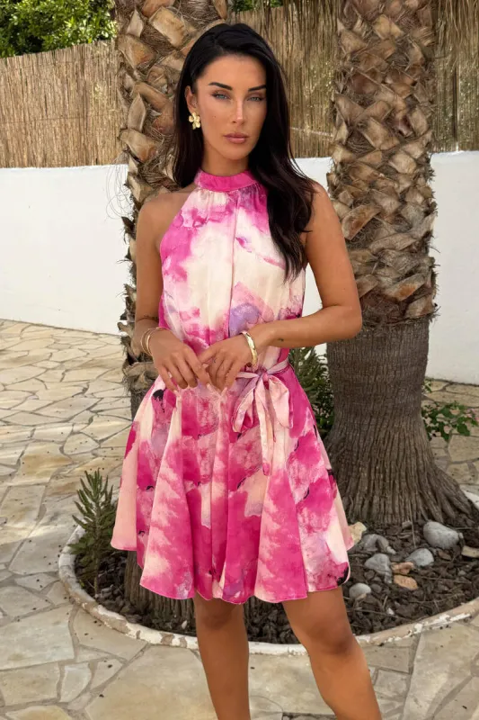 Pink Marble Print Halterneck Tie Waist Mini Dress made by AX Paris