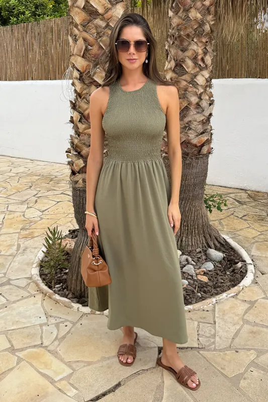 Khaki Round Neck Shirred Top Midi Dress sold by AX Paris