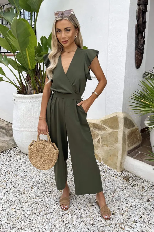 Khaki Wrap Top Flutter Sleeve Belted Jumpsuit made by AX Paris