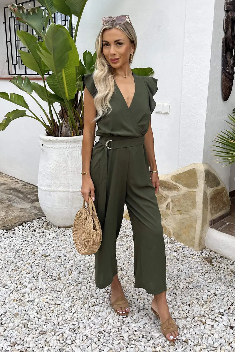 Khaki Wrap Top Flutter Sleeve Belted Jumpsuit sold by AX Paris product image thumbnail 2