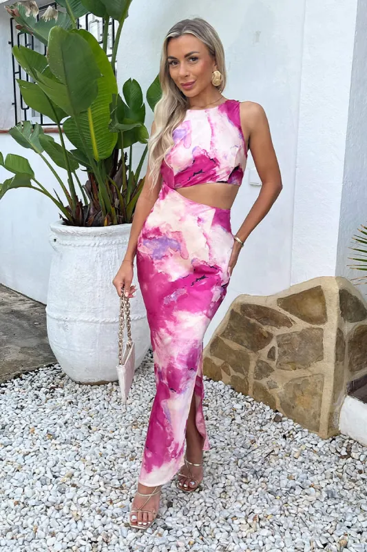 Pink Marble Print Side Waist Cut Out Midi Dress sold by AX Paris