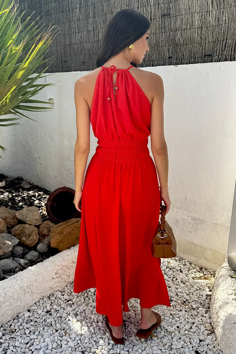 Burnt Orange Tie Racer Neck Shirred Waist Midi Dress sold by AX Paris product image thumbnail 5