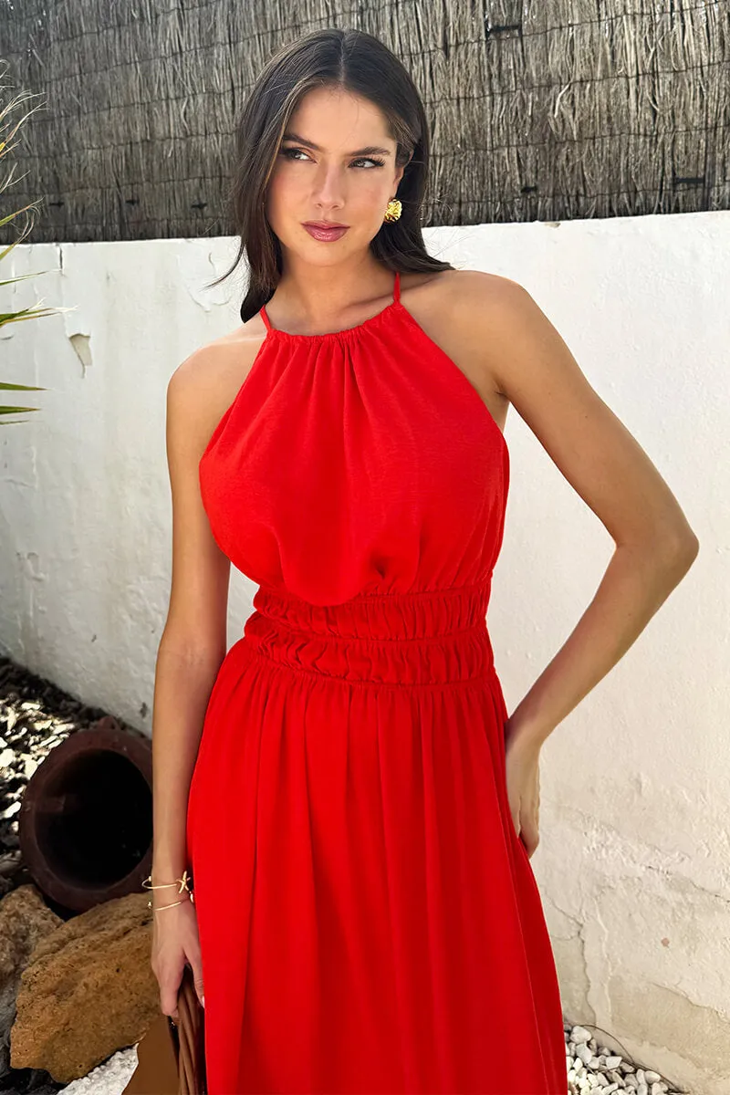 Burnt Orange Tie Racer Neck Shirred Waist Midi Dress sold by AX Paris product image thumbnail 3