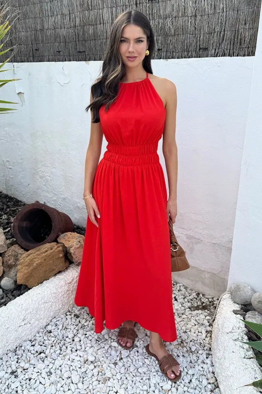 Burnt Orange Tie Racer Neck Shirred Waist Midi Dress sold by AX Paris