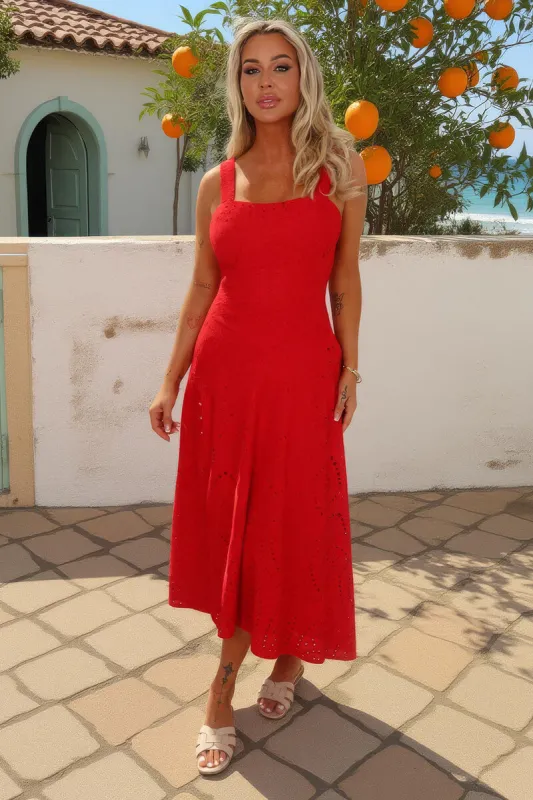 Red Broderie Shirred Straps Button Detail Midi Dress sold by AX Paris