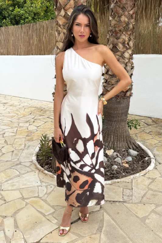 Cream Butterfly Print One Shoulder Twist Back Midi Dress sold by AX Paris